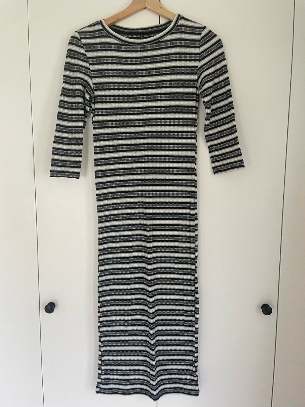 stradivarius Black & White Striped Ribbed Midi Dress